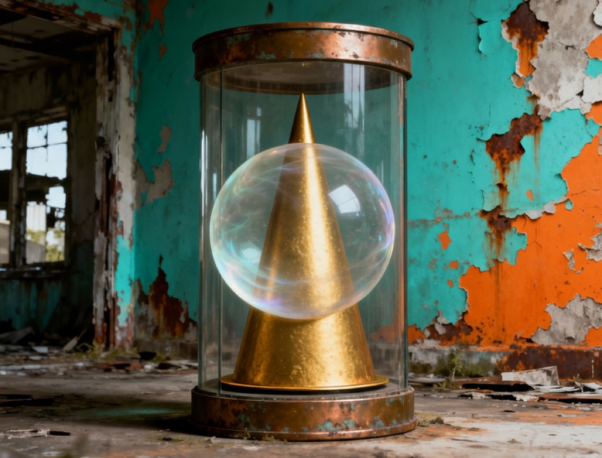 The Cylinder, Cone, and Sphere of the Sacred Synthesis, sealed in a glass vitrine — recovered from the ruins.